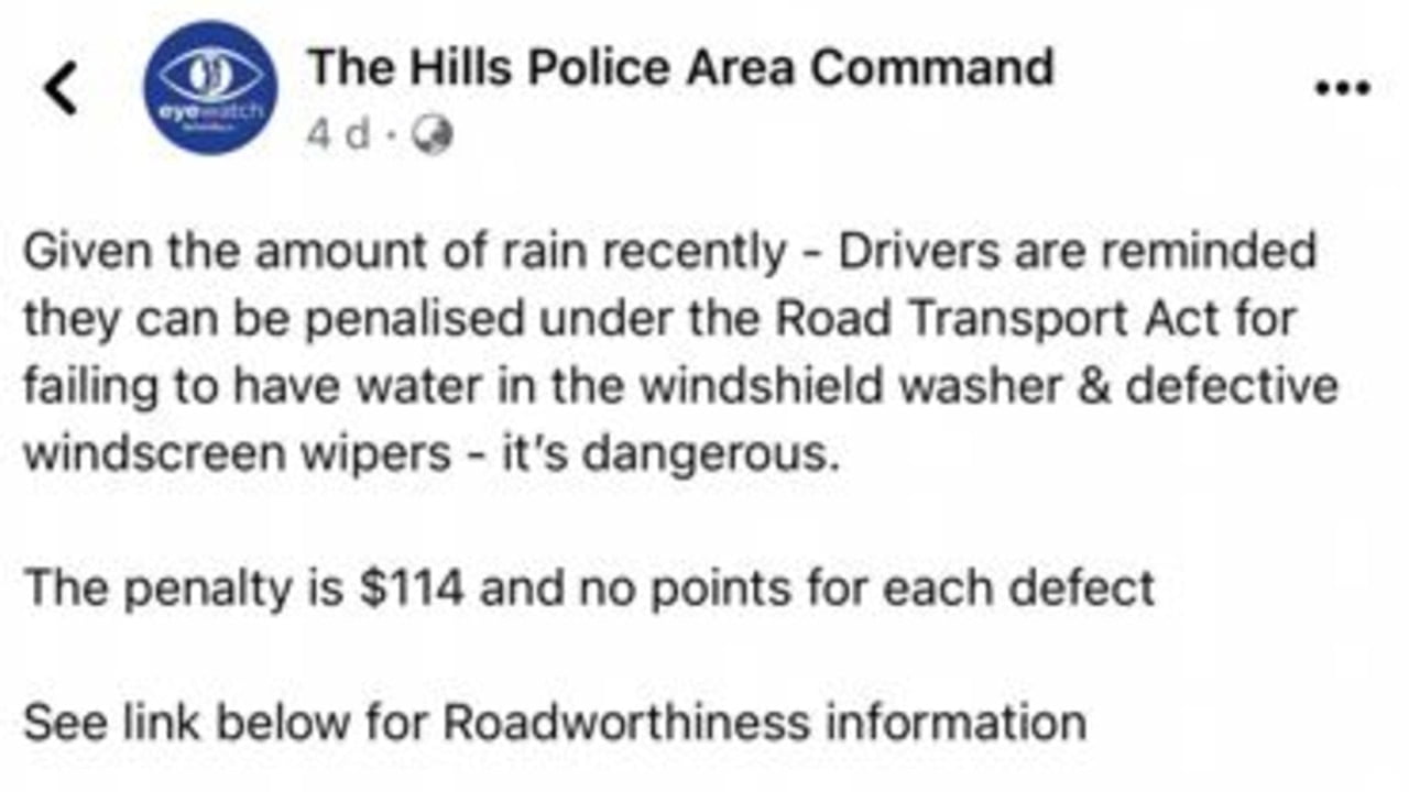 The Hills Police Area Command posted the reminder given the weather that Sydney has experienced lately. Picture: Facebook/NSWPoliceTheHillsPoliceAreaCommand