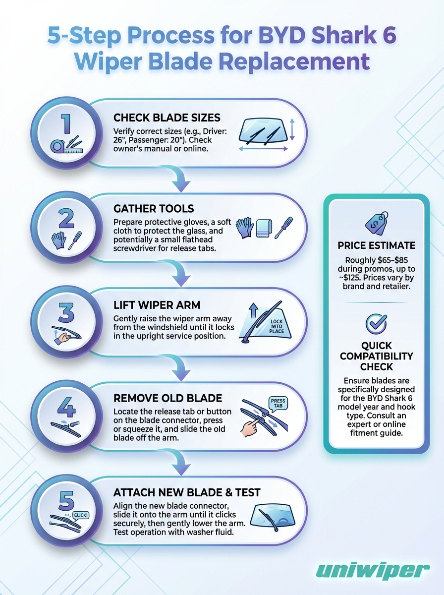 BYD Shark 6 wiper blade replacement infographic: a 5-step guide to replacing the blade.
